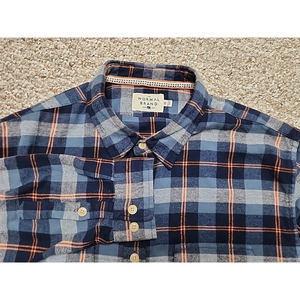 The Normal Brand Shirt Men XL Blue Orange Flannel Plaid Button Down Preppy Dress